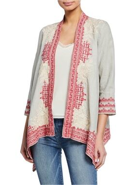 JOHNNY WAS Cream Red Embroidered Camille Cardigan with Coral Trim $260